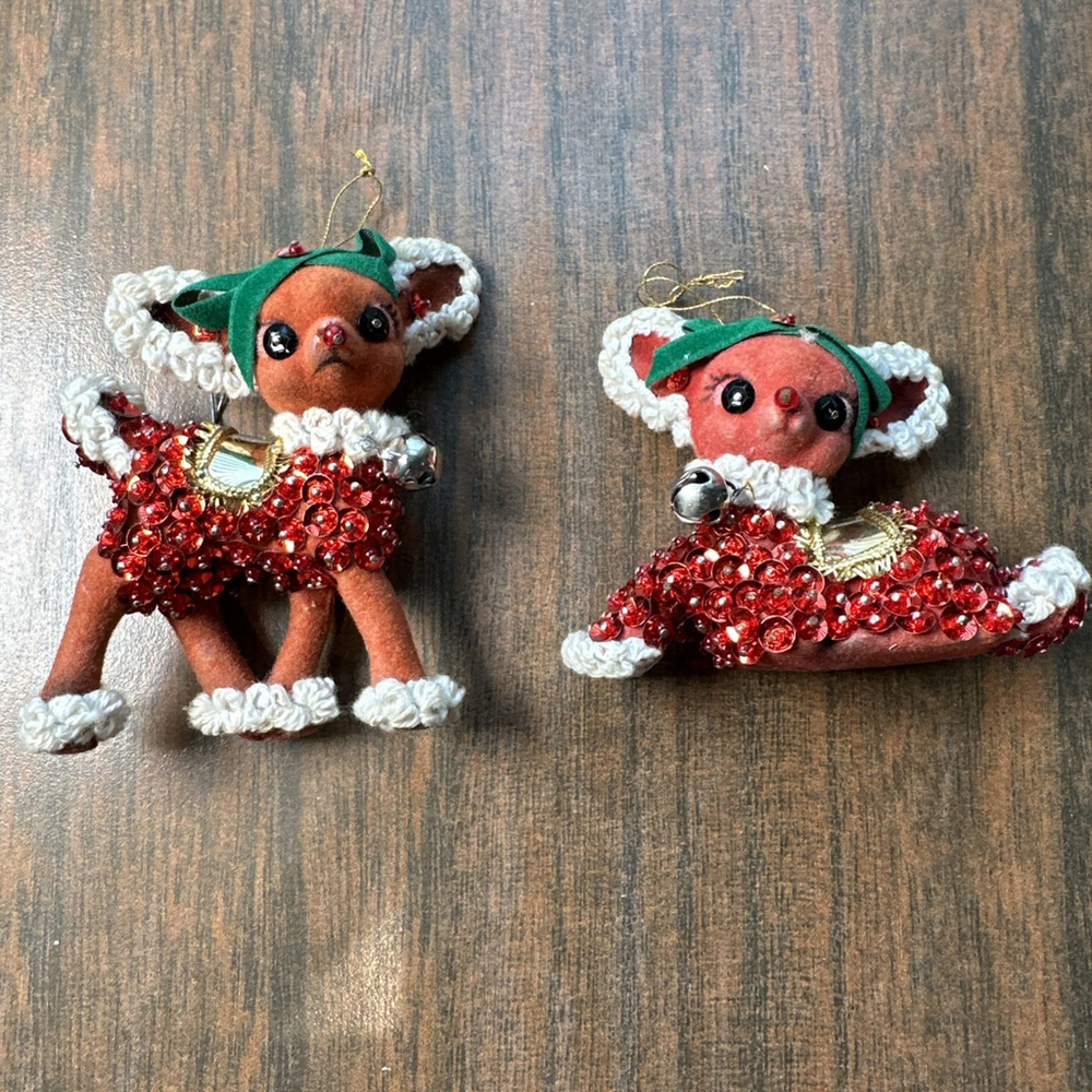 Vintage Bead Sequin Push Pin Christmas Tree Ornament Reindeer Sequence -Set Of 2